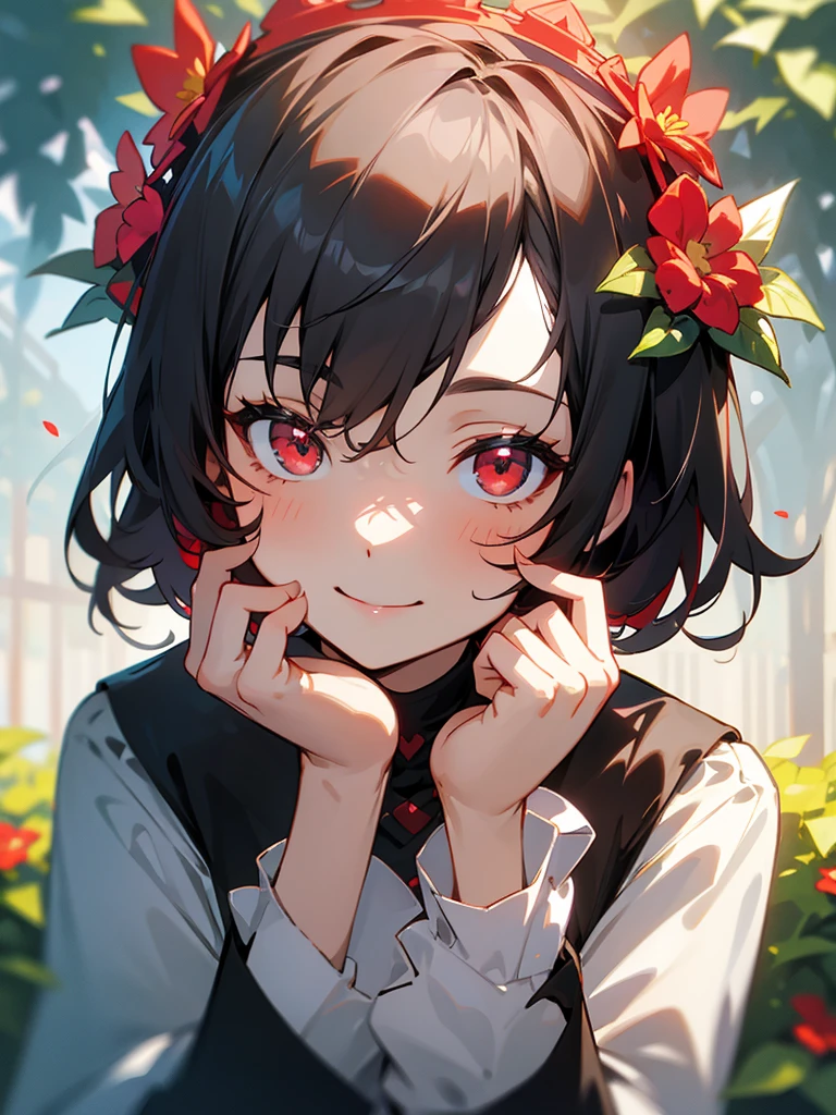 My sister with short black hair, red eyes, cute smile, milf, long sleeve shirt, flower crown, in the garden, focus on the face.