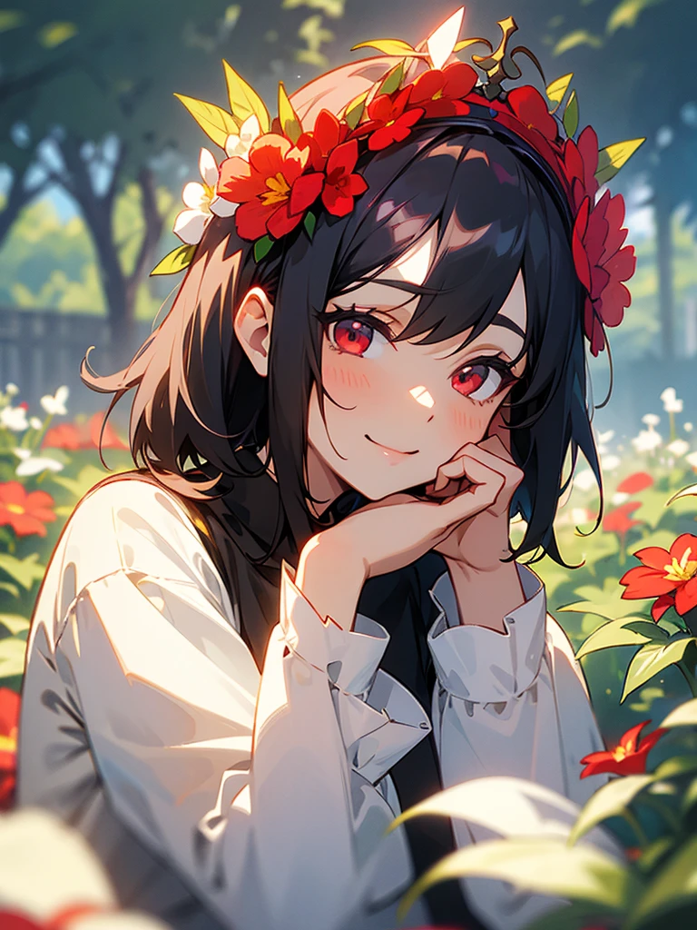 My sister with short black hair, red eyes, cute smile, milf, long sleeve shirt, flower crown, in the garden, focus on the face.