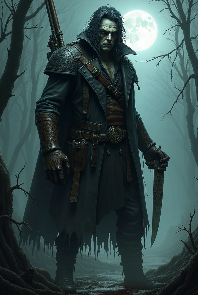 “Create a highly detailed, semi-realistic character portrait of ‘The Wraith of the Bayou’ in the style of Hunt: Showdown. The Wraith is a tall, imposing figure standing at 6’6”, with a lean yet muscular build. His skin is ghostly pale, with dark, hollowed eyes that seem to pierce through the darkness. His face is gaunt, with high cheekbones, a strong jawline, and multiple scars, including a prominent one running from his left temple to his chin. His hair is a tangled mess of unkempt black locks, streaked with grey, partially covering his face.
He wears a weathered, charcoal-black duster coat, stained with blood and mud, lined with small pockets and holsters. Beneath it, a leather vest reinforced with metal plates is visible. His hands are clad in fingerless gloves with steel rivets on the knuckles, and his boots are heavy and combat-worn, covered in mud and swamp water.
Strapped across his back is a sawed-off double-barreled shotgun, intricately etched with runes. He also carries an ancient, well-maintained revolver with engraved symbols of death, and a serrated hunting knife is strapped to his thigh, the blade chipped and worn. The setting is a foggy, moonlit bayou, with twisted, gnarled trees and a dilapidated, half-submerged cabin in the background. The environment is dark and eerie, with long shadows cast by the faint moonlight, and the air is thick with mist and the sounds of unseen creatures. Capture the high level of detail in the Wraith’s clothing, weapons, and the eerie atmosphere of the bayou, emphasizing the dark, semi-realistic style with a haunting, grim mood.”