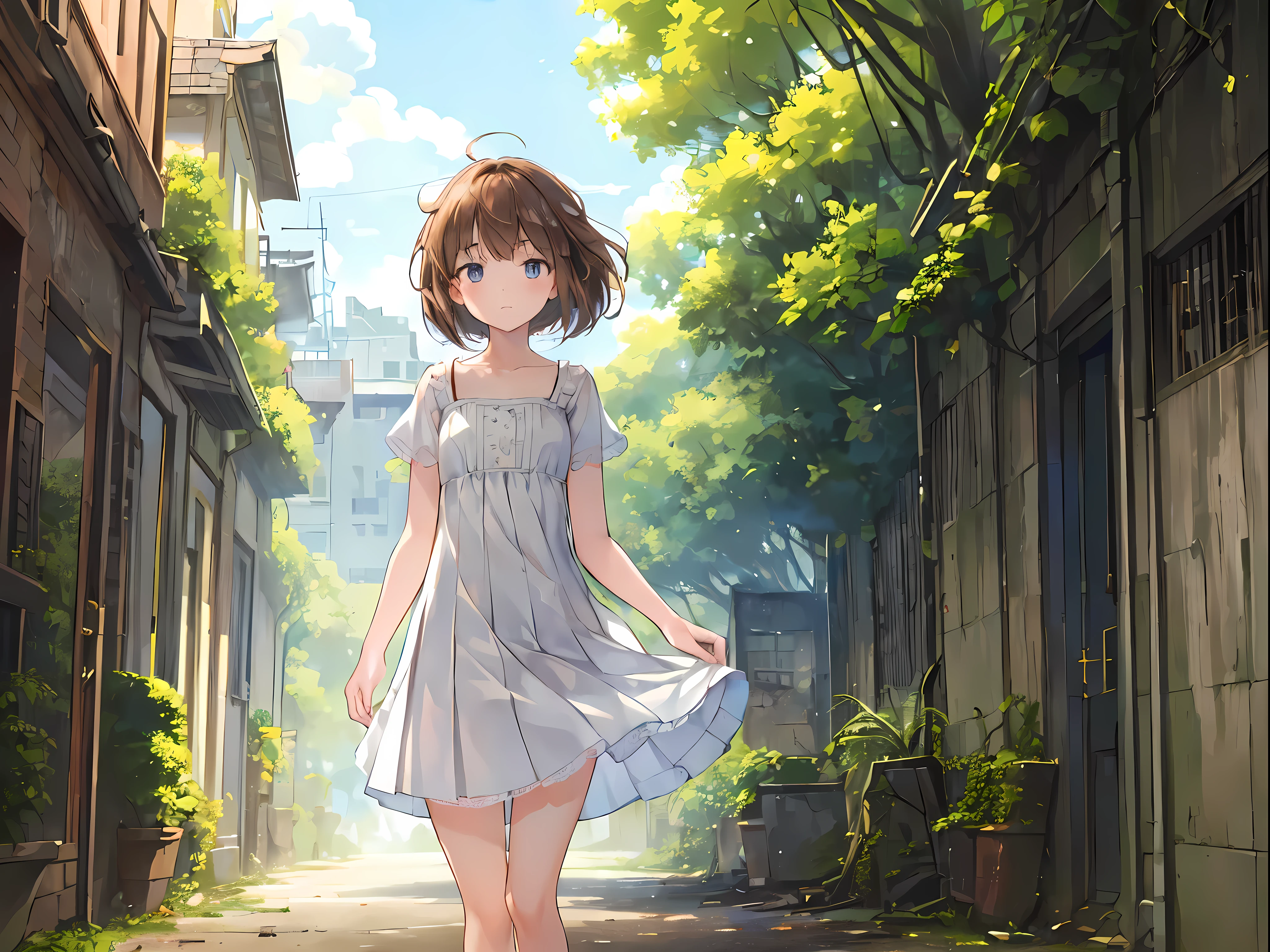 (masterpiece:1.2), best quality, highres, original, (extremely detailed:1.2), ultra-detailed, wallpaper, perfect lighting,(extremely detailed CG:1.2), 8k, anime illustration, 1boy, solo, crossdressing, (brown hair, Bob hairstyle,haircut:1.1), (white knee-length dress, summer dress, pleated dress, short sleeves, lace hemline, black line bottom the dress, delicate dress, flat chest:1.2), walking in urban ruins, (urban ruins filled with natural vibes:1.2), (anatomically correct:1.5), full body, (cityscape background:0.8), overgrown plants, crumbling buildings, sunlight filtering through trees, peaceful expression, sunny
