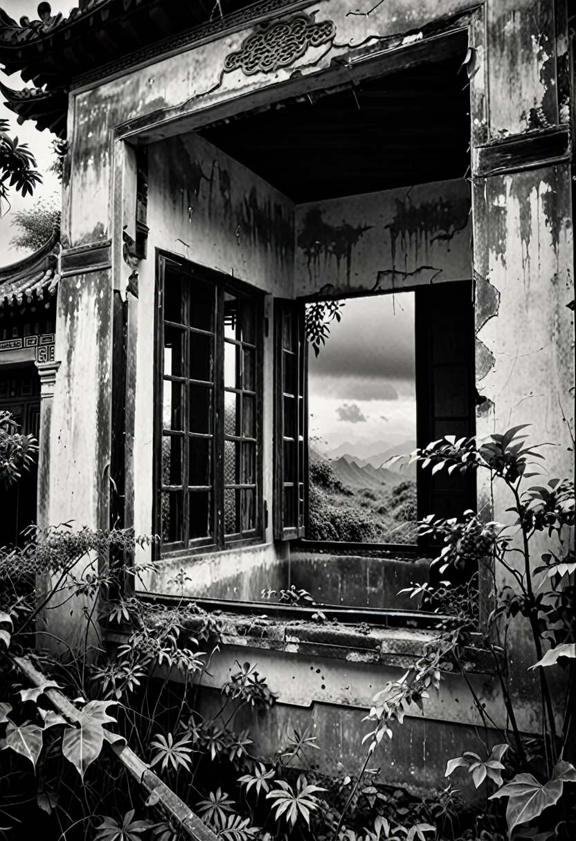 A haunting black and white photograph of an abandoned feudal Chinese villa, eerie, ghostly atmosphere, dense vegetation, broken windows due to time. The focus is on a window, a dark figure standing inside looking out, bloodshot eyes, cloudy sky, film grain texture, high contrast, sharp details, 1920s style photography.