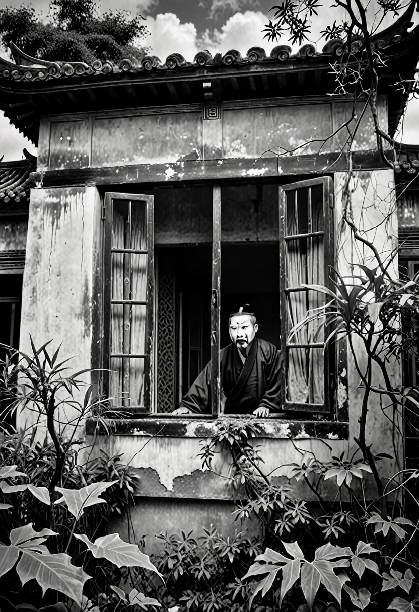 A haunting black and white photograph of an abandoned feudal Chinese villa, eerie, ghostly atmosphere, dense vegetation, broken windows due to time. The focus is on a window, a dark figure standing inside looking out, bloodshot eyes, cloudy sky, film grain texture, high contrast, sharp details, 1920s style photography.