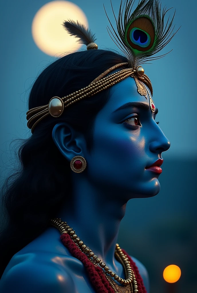 Lord krishna .peacock feather in the hair, dack blue deep skin.then background is should be night sky with moon.low key,realizm ,ultra sharp skin detail