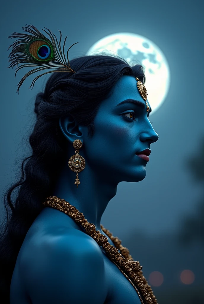 Lord krishna .peacock feather in the hair, dack blue deep skin.then background is should be night sky with moon.low key,realizm ,ultra sharp skin detail