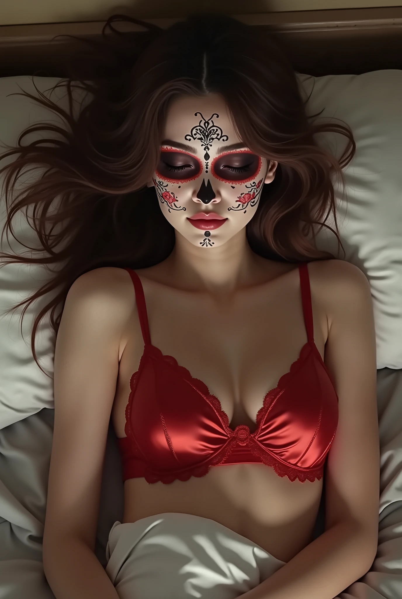 Beautiful Japanese girl long messy brown hair, with sugar skull face paint in bed, wearing red satin sexy lingerie underwear, looking a little sleepy sensual feeling