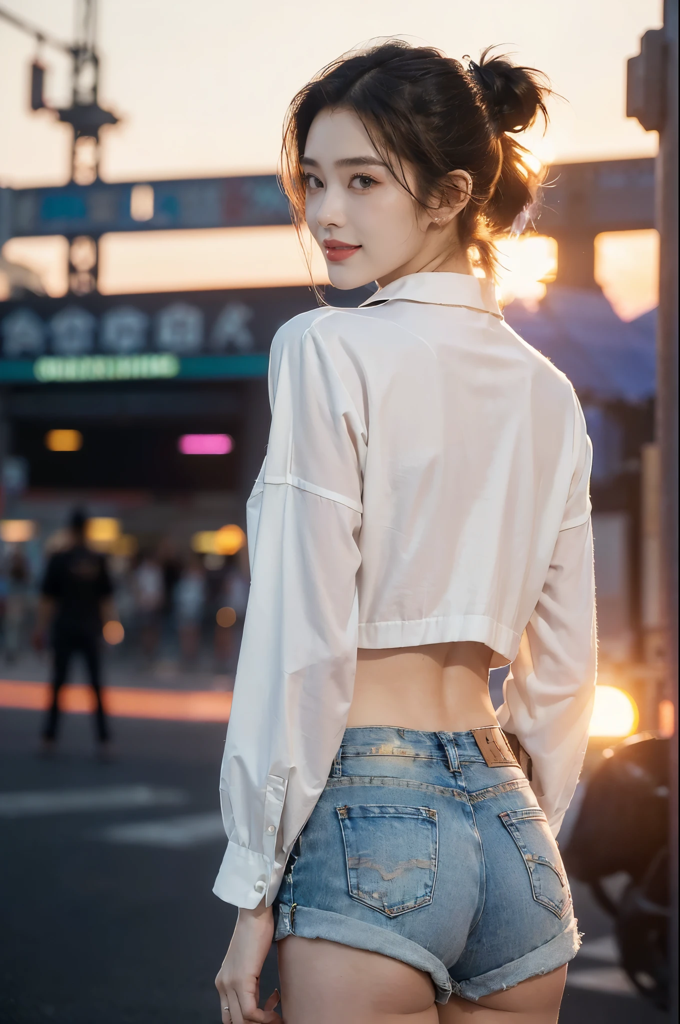 (((best quality))),(((ultra detailed))),(((masterpiece))),illustration,((1 beautiful girl,solo)),((short half ponytail,short hair)),(fair skin:1.3),(detailed eyes:1.3),(smile:1.3),((slim,thin)),((bare back,towering hips,butt crack)), (oversize white collared sleeved shirt:1.3), (micro denim shorts:1.2),(standing:1.3),((vibrant colors, soft glow)), (active and healthy lifestyle,youthful charm),((on the street,cyberpunk city, towering skyscrapers)),(warm sunset glow:1.3),(detailed background:1.3),((vivid neon signs, holographic advertisements, electric atmosphere)),(outdoor:1.3),((summer,dusk scene)),((from back,upper body))