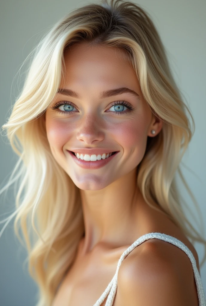 Create a realistic avatar of a young 20-year-old girl with blonde hair and blue eyes. The girl should have a modern and attractive appearance, with a friendly and relaxed expression, have a smile . Make sure the avatar style is realistic, Capturing details in skin texture, the vibrant color of the eyes, and the natural shine of blonde hair. The background should be plain or blurred to keep the focus on the avatar's face..