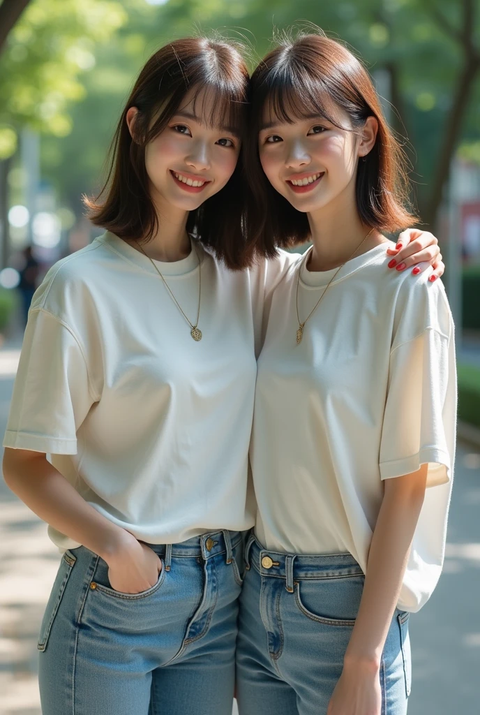 Photorealistic full-body portrait of a fabulous, film grain, Highest quality, Ultra-high resolution, Twin Japanese women with arms around each other's shoulders, 25years old, Height: 165 cm, slim, big smile, full body,long face, fashion model posing,looking at the camera, short hair, brown hair, shy smile, flirty, oversized t-shirt, jeans, necklace, in the small park, bike