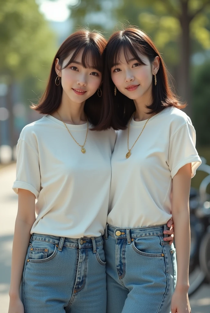 Photorealistic full-body portrait of a fabulous, film grain, Highest quality, Ultra-high resolution, Twin Japanese women with arms around each other's shoulders, 25years old, Height: 165 cm, slim, big smile, full body,long face, fashion model posing,looking at the camera, short hair, brown hair, shy smile, flirty, oversized t-shirt, jeans, necklace, in the small park, bike