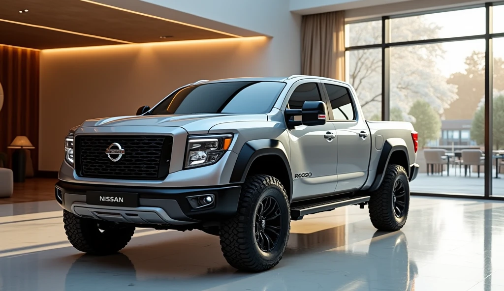 showroom park a nissan off road truck with modern electric car design, double cabin, image luck like real and room note a luxury 