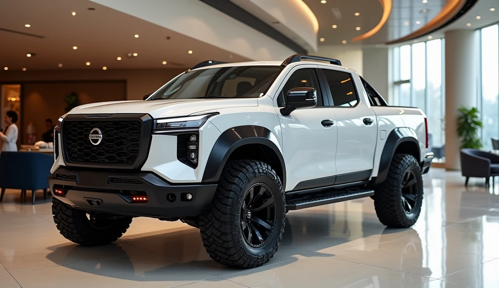 showroom park a nissan off road truck with modern electric car design, double cabin, image luck like real and room note a luxury