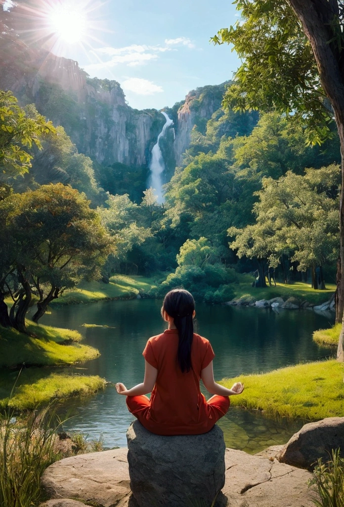 Draw an image of a person meditating while admiring a beautiful landscape, This art needs great lighting