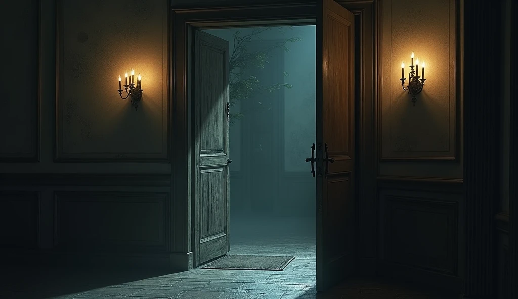 The heavy wooden door of the mansion slowly opening by itself, revealing a dimly lit entrance with flickering lights.