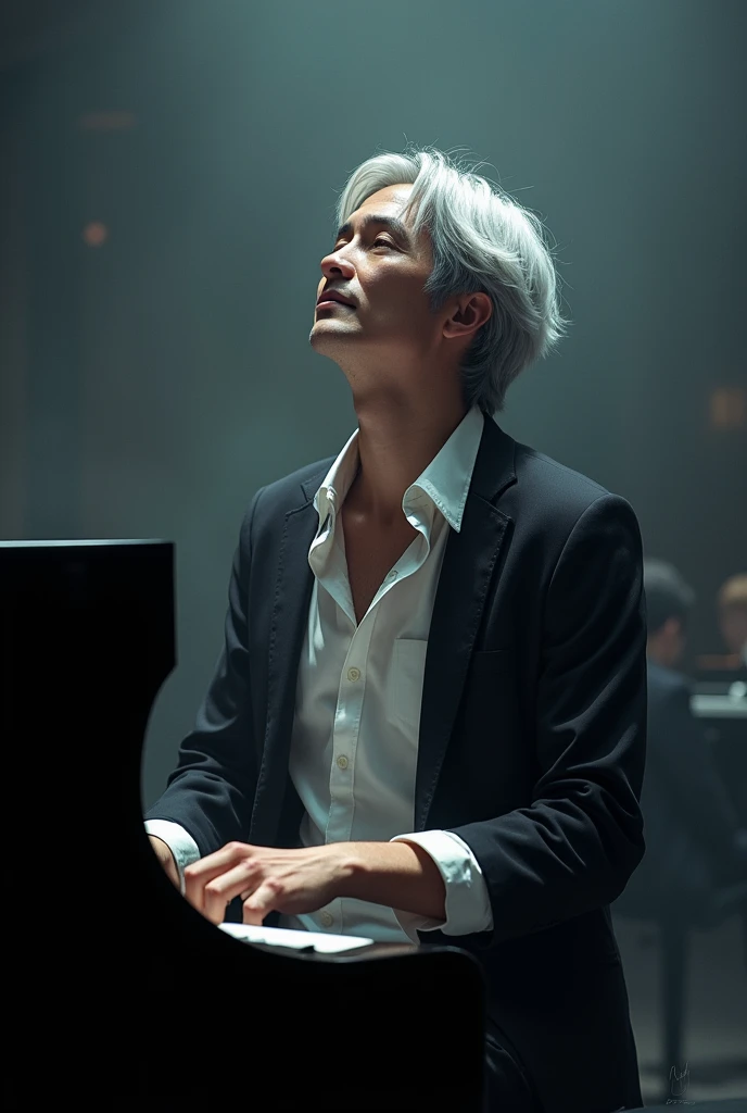 pianist　Performing　male　30th Generation　Silver Hair　 shirt　Open-neck jacket　Look up