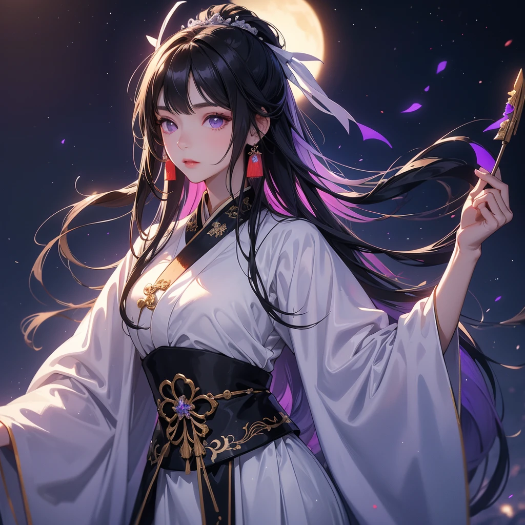 A beautiful girl with black long hair, wear white ancient chinese clothes, with the sun shining on her face.

Background is a dark moonless night, with dry trees in the background, and purple glowing light