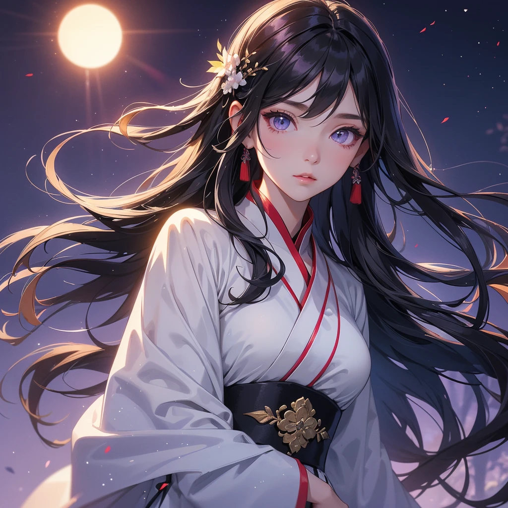 A beautiful girl with black long hair, wear white ancient chinese clothes, with the sun shining on her face.

Background is a dark moonless night, with dry trees in the background, and purple glowing light