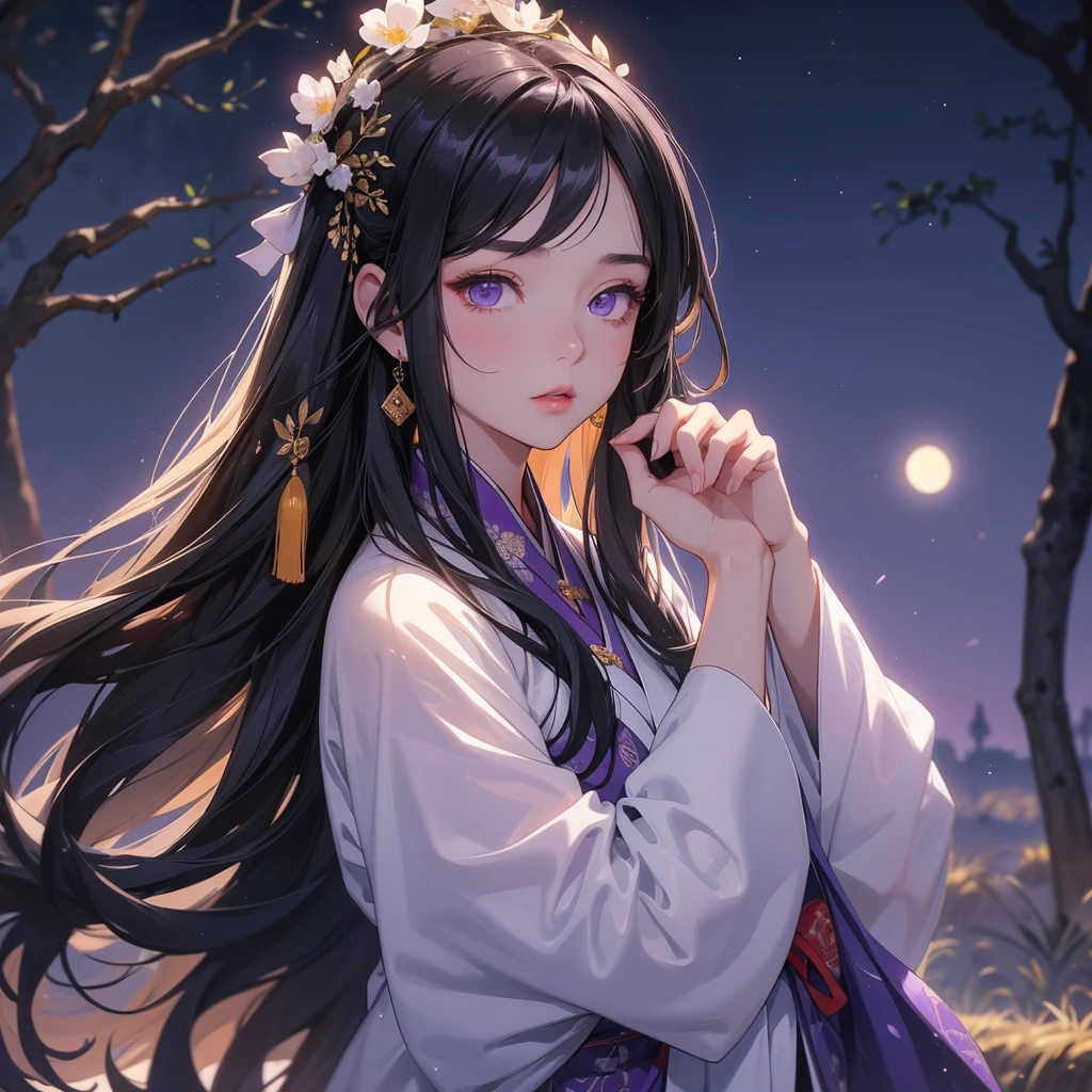 A beautiful girl with black long hair, wear white ancient chinese clothes, with the sun shining on her face.
Background is a dark moonless night, with dry trees in the background, and purple glowing light