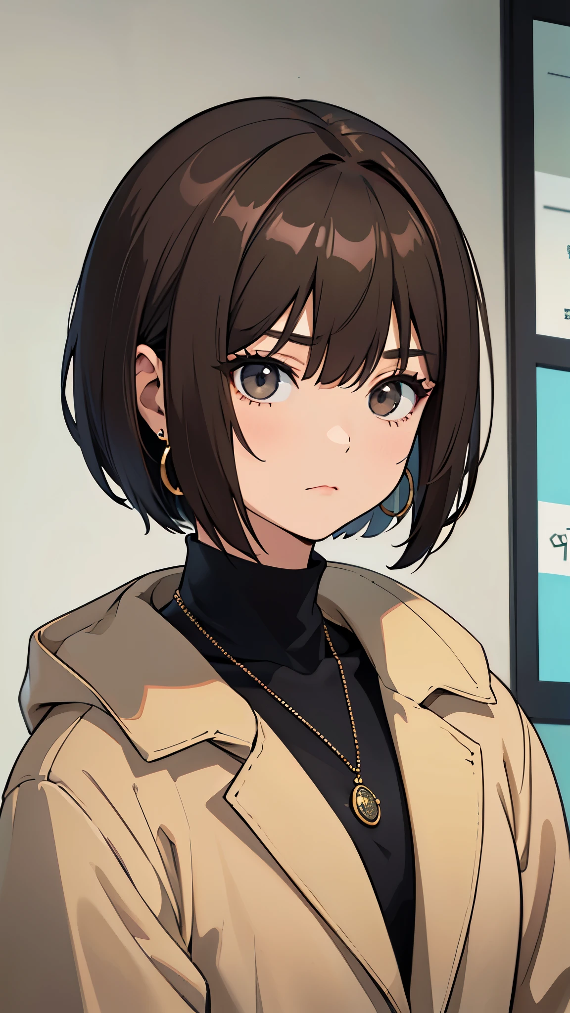 Korean adult woman, medium-length brown hair, bob haircut, grunge, aesthetic, black turtleneck, coat, necklaces, hoop earrings, 1, neutral expression, calm, expressionless