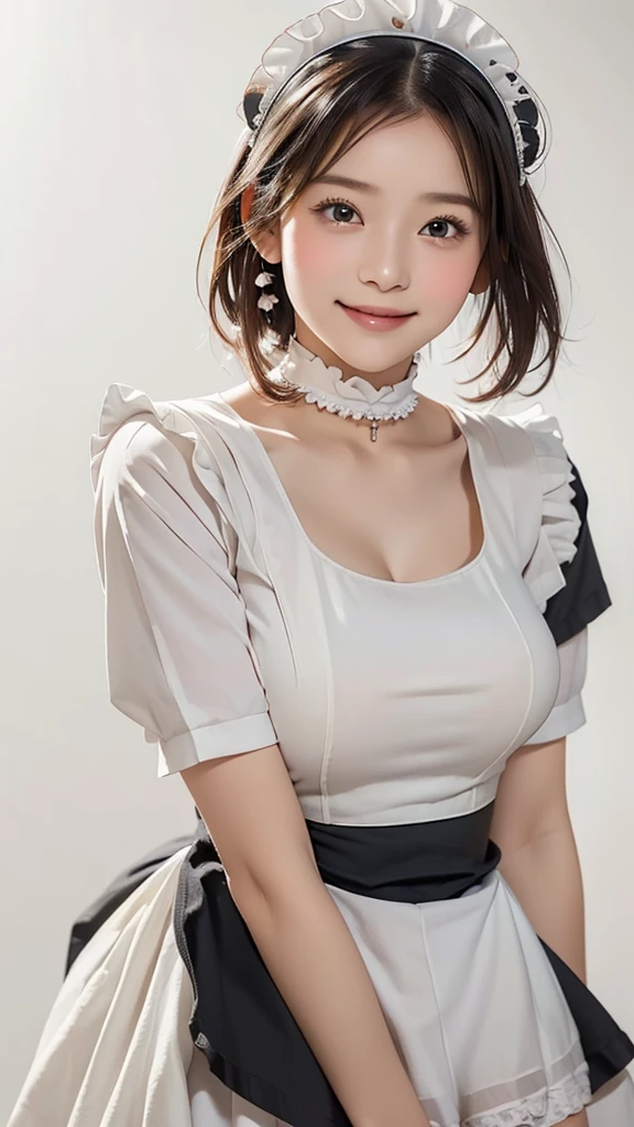 ((beautiful maid:1.5),high resolution, top quality),wearing maid's uniform,soft hands, big bright eyes, dark and vibrant curled hair, sweet smile, rosy cheeks, soft light, pure white background.