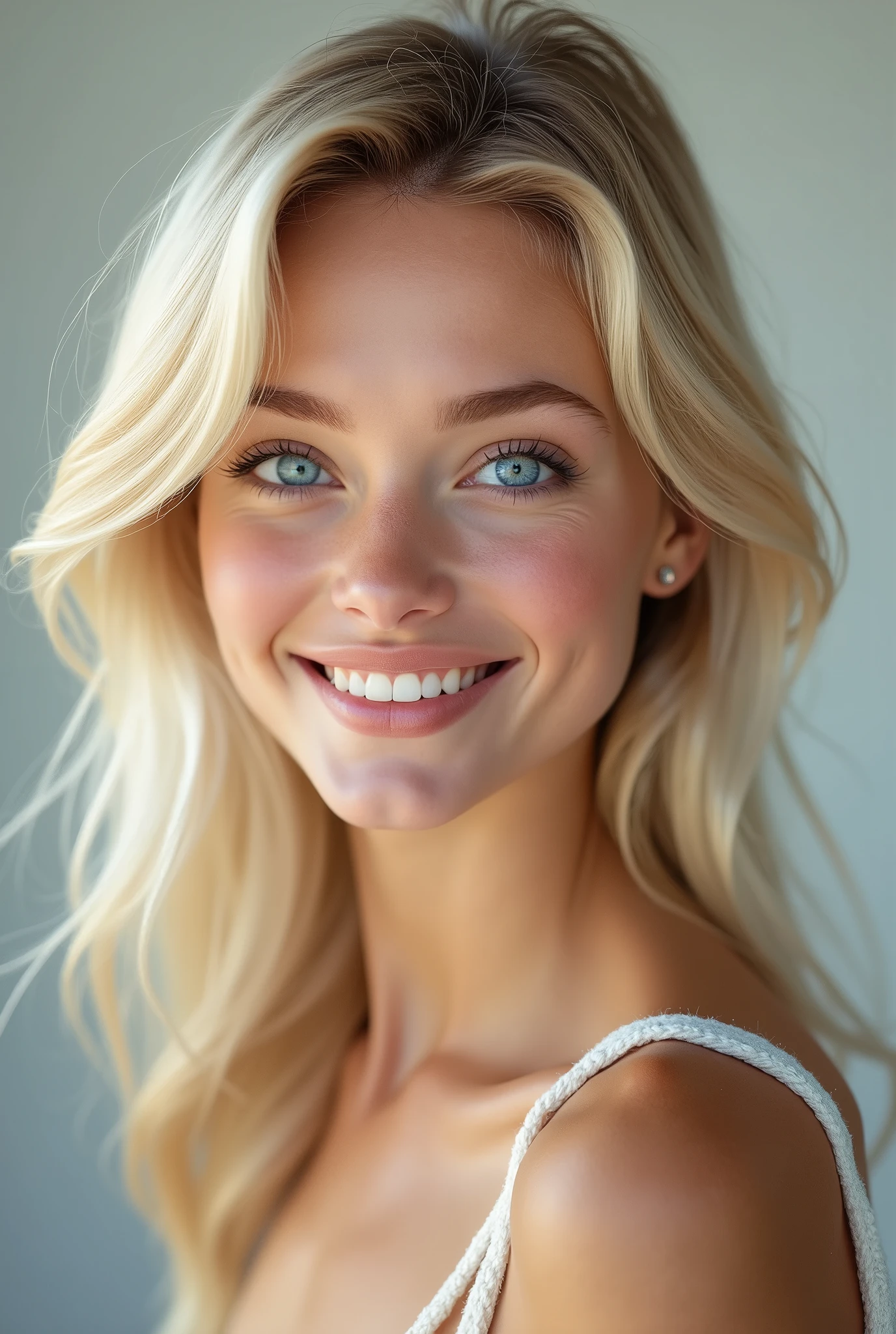 Create a realistic avatar of a young 20-year-old girl with blonde hair and blue eyes. The girl should have a modern and attractive appearance, with a friendly and relaxed expression, have a smile . Make sure the avatar style is realistic, Capturing details in skin texture, the vibrant color of the eyes, and the natural shine of blonde hair. The background should be plain or blurred to keep the focus on the avatar's face..