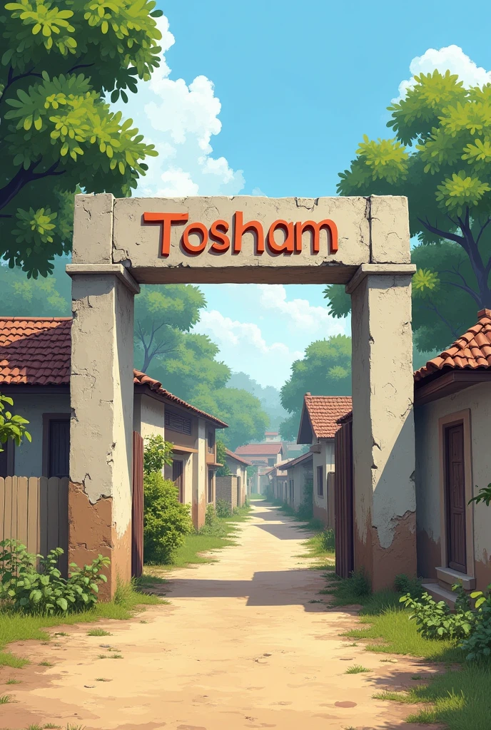Illustration of village board outside the village of north india with concrete houses. Tosham is written on the board