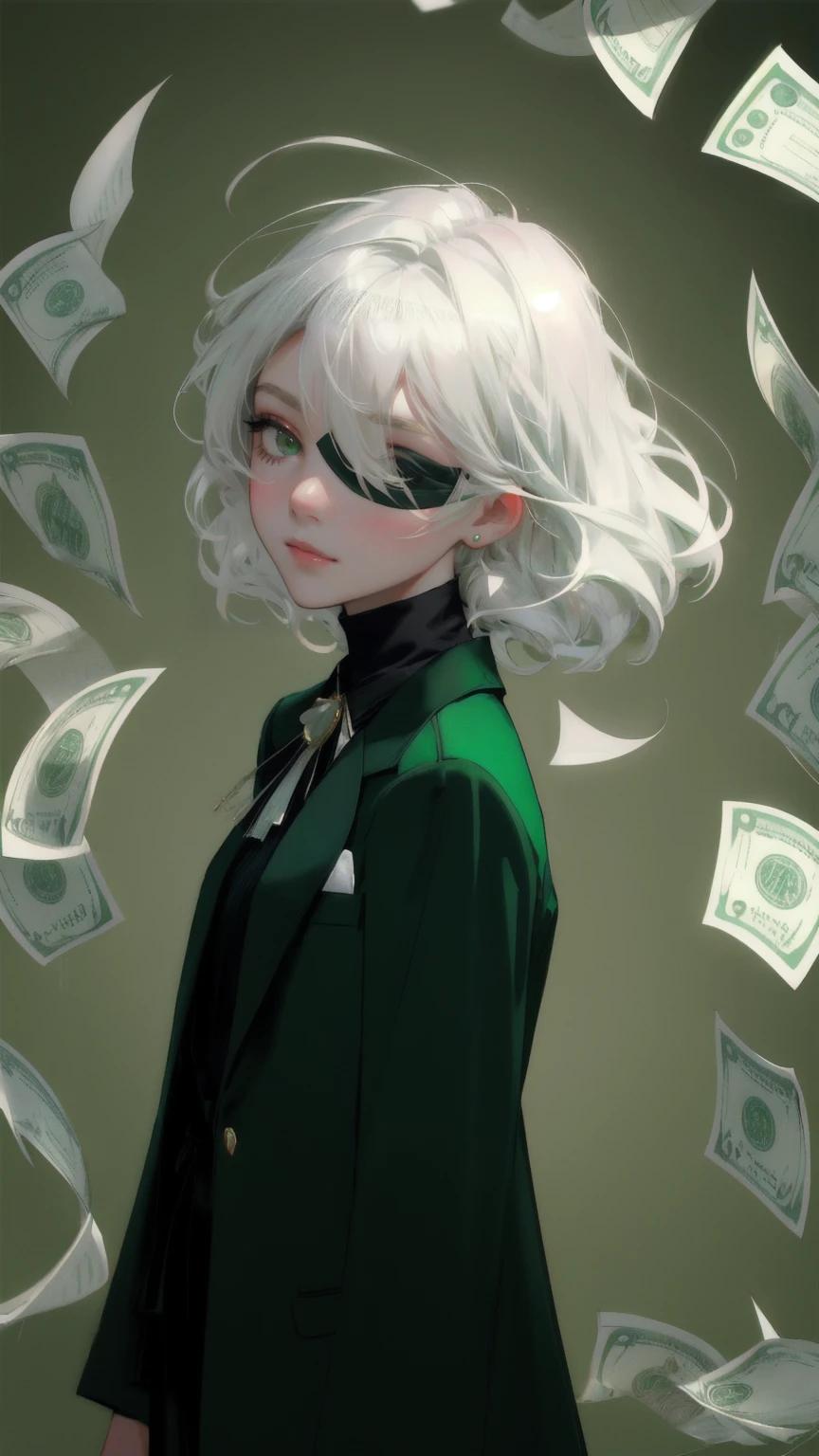 Create an image of a young woman with striking silver-white hair, styled in smooth, sweeping strands that elegantly frame her face. She is blindfolded with a dark green cloth, subtly lifting it with one hand to peek out. She is dressed in a rich green blazer over a lighter green shirt, adding depth and elegance to her outfit. In the background, numerous U.S. dollar bills float in a chaotic arrangement, all tinted in various shades of green to maintain a cohesive color theme. The backdrop is a deep green, subtly blurred to keep the focus on her mysterious and compelling expression