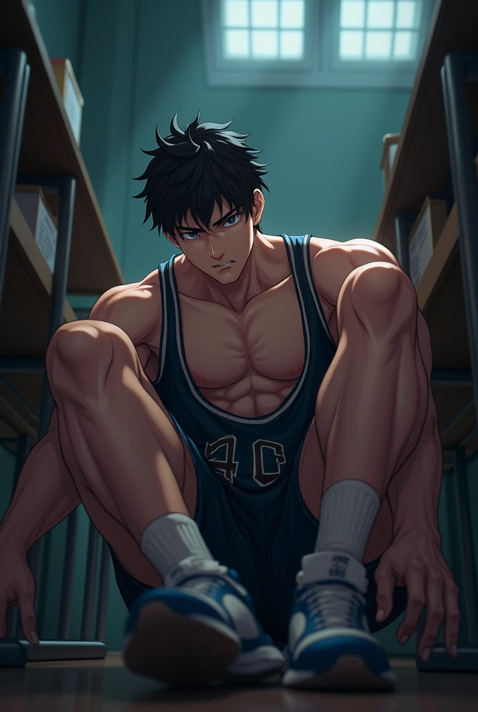 Anime male protagonist ((anime character)), horny boy, homosexual, big pectoral muscles, big bag, semi-lying, CG feeling, POV perspective, open legs, dark atmosphere, 8K, movie-level lighting effects, textured skin, best quality, narrative image, narrative image, motion blur, action pose, elevation perspective, sports student, basketball uniform, vest, classroom, brown skin, serious expression, hot breath, shut up, abdominal muscles, full body homosexual, soloist, bare legs, smelly feet, ringworm, white socks, sit down, undress, take off your underwear