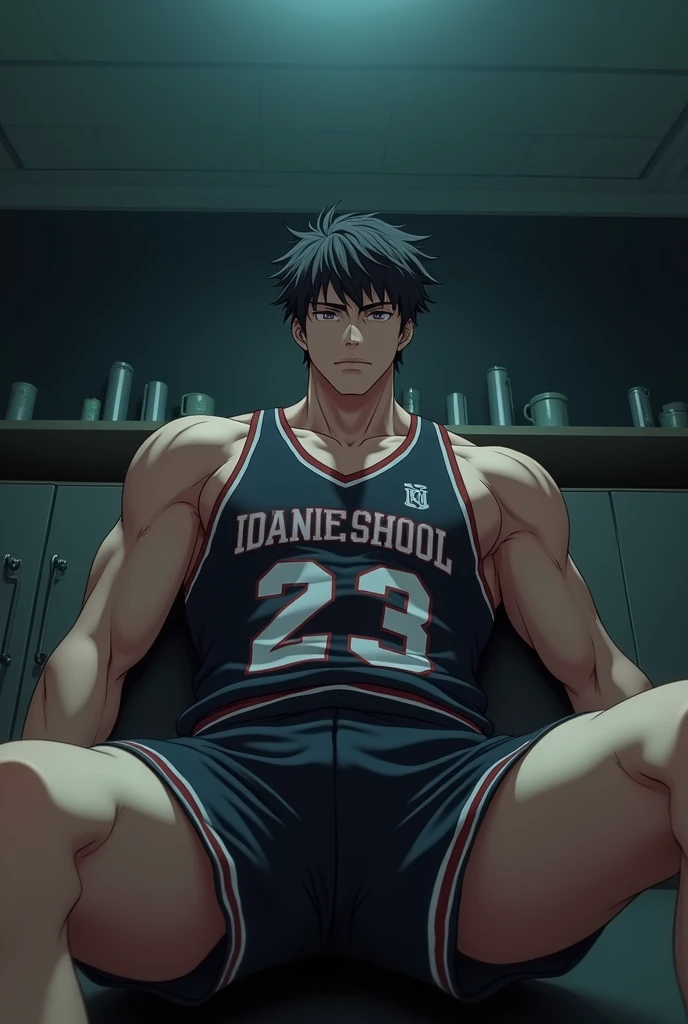 Anime male protagonist ((anime character)), horny boy, homosexual, big pectoral muscles, big bag, semi-lying, CG feeling, POV perspective, open legs, dark atmosphere, 8K, movie-level lighting effects, textured skin, best quality, narrative image, narrative image, motion blur, action pose, elevation perspective, sports student, basketball uniform, vest, classroom, brown skin, serious expression, hot breath, shut up, abdominal muscles, full body homosexual, soloist, bare legs, smelly feet, ringworm, white socks, sit down, undress, take off your underwear