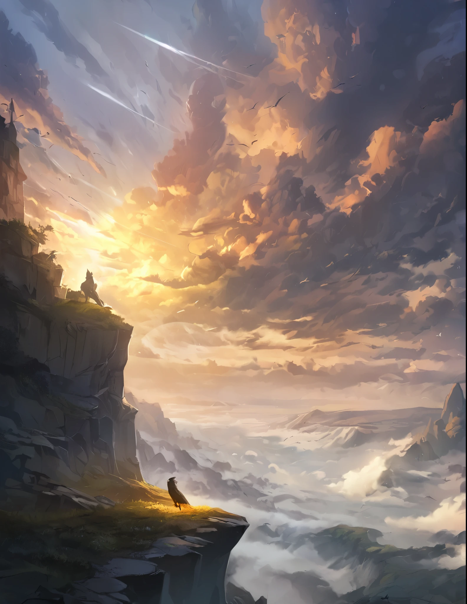 ((Amazingly absurd)),(masterpiece:1.2),超High resolution, Attention to detail, high quality, High resolution, 最high quality, 4K, 8k、Fictional Animals、Griffon、Standing on a cliff、The sky is overcast and covered with thick clouds.、The sunlight shines through the gaps, creating a sacred atmosphere.