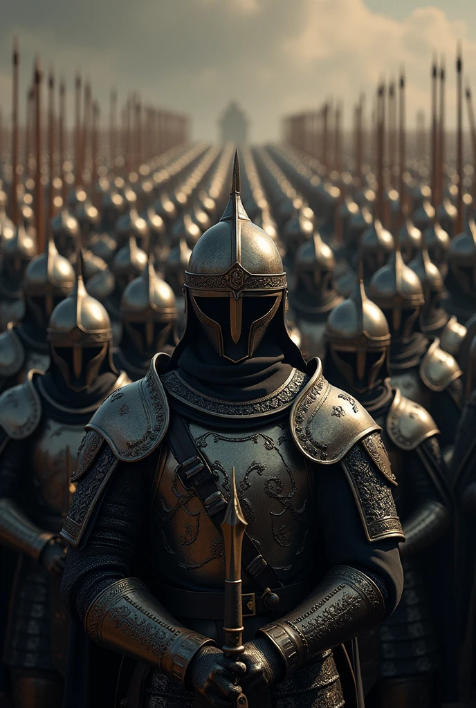 Subject: Massive Mamluk soldiers arranged in disciplined ranks, showcasing their numbers and armor.
Style: Dramatic low-angle shot with detailed lighting on armor and weapons, highlighting the army's scale.