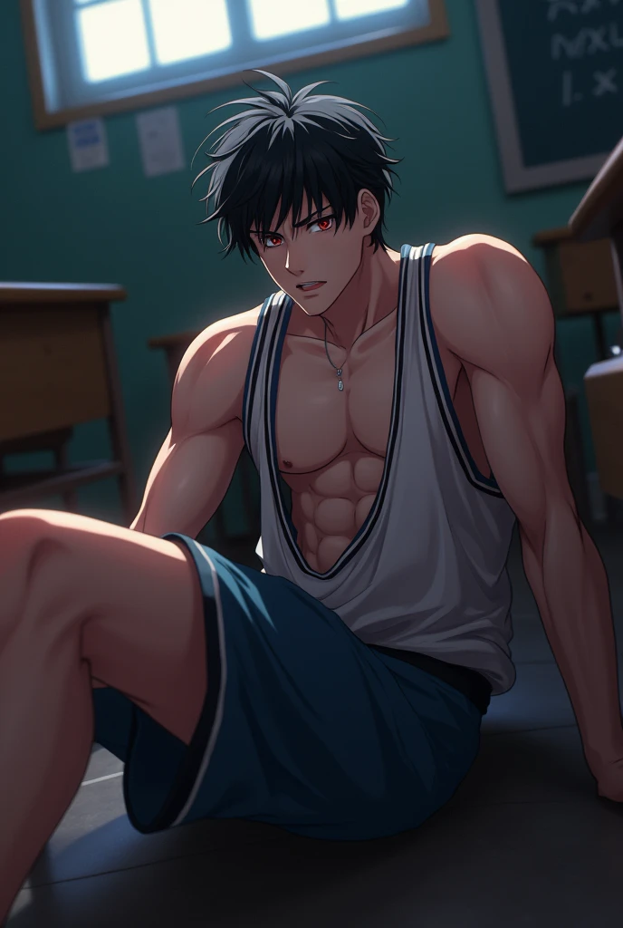 Anime male protagonist ((anime character)), horny boy, homosexual, big pectoral muscles, big bag, semi-lying, CG feeling, POV perspective, open legs, dark atmosphere, 8K, movie-level lighting effects, textured skin, best quality, narrative image, narrative image, motion blur, action pose, elevation perspective, sports student, basketball uniform, vest, classroom, brown skin, serious expression, hot breath, shut up, abdominal muscles, full body homosexual, soloist, bare legs, smelly feet, ringworm, white socks, sit down, undress, take off your underwear
