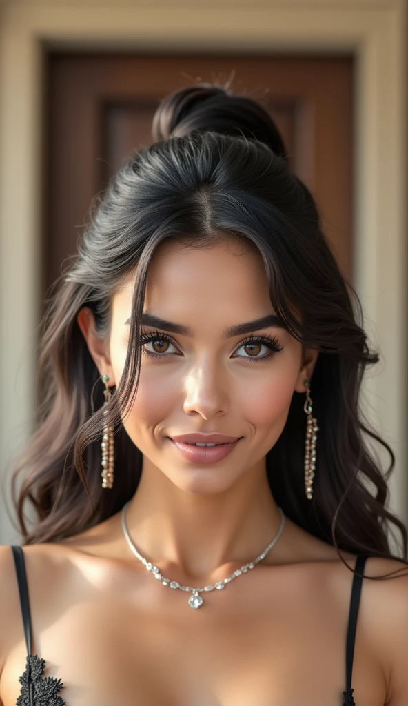(Higher clarity, High quality,Masterpiece, Ultra HD, 16ก, UHD, Higher clarity, High qualityสุด, very detailed, detailed face, hair follicles, Facial expressions, Ultra-realistic photos) Portrait of a beautiful brown-skinned woman, Beautiful 4 woman with black hair and golden highlights., Supermodel body, Beautiful face, Big and beautiful shape , Big and beautiful shape ass, perfect body, Dressed in sheer black lace lingerie, Deep and wide open collar, The clothes are very provocative and sexy., His eyes are seductive., Flirtatious smile, Pose, In the lobby of a luxurious hotel, full body image, white skin, Plump and beautiful curves