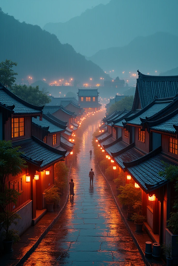 A view of the village with many lights on the buildings, Dreamy city in China, Chinese Village, Awesome Wallpapers, Japanese Street, Japanese Village, 超リアルな町のphotograph, Old Asian Village, Japanese cities, Raymond Han, Rainy night, Cyberpunk Chinese Ancient Castle, beautifully照らされた建物, Rainy Evening, beautifully、aesthetic, photograph, Cinematic, 8k, Detailed ((heavy rain)))