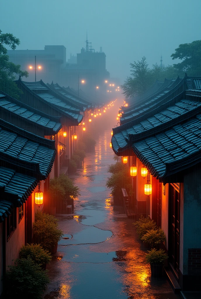 A view of the village with many lights on the buildings, Dreamy city in China, Chinese Village, Awesome Wallpapers, Japanese Street, Japanese Village, 超リアルな町のphotograph, Old Asian Village, Japanese cities, Raymond Han, Rainy night, Cyberpunk Chinese Ancient Castle, beautifully照らされた建物, Rainy Evening, beautifully、aesthetic, photograph, Cinematic, 8k, Detailed ((heavy rain)))