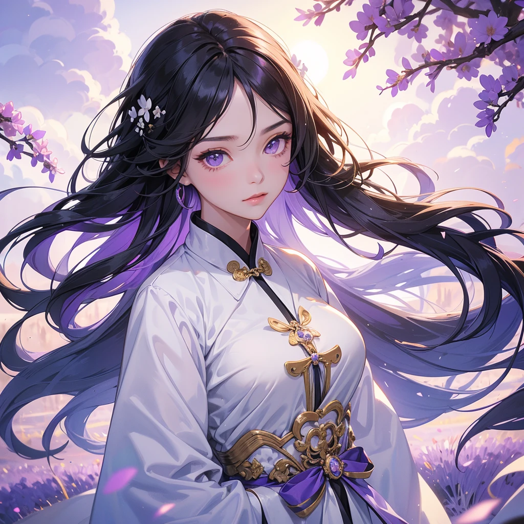 A beautiful girl with black long hair, wear white ancient chinese clothes, Stroll among the purple lavender fields , There are some floating clouds,, with the sun shining on her face, close up.