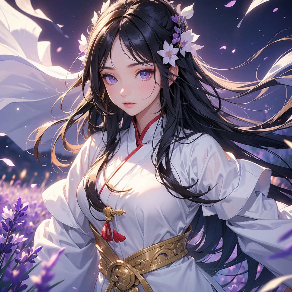 A beautiful girl with black long hair, wear white ancient chinese clothes, Stroll among the purple lavender fields , There are some floating clouds,, with the sun shining on her face, close up.
