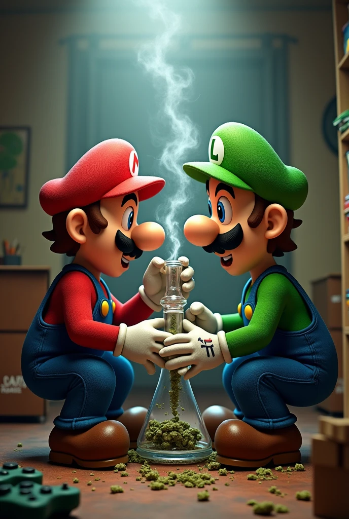 Mario and Luigi smoking a bong