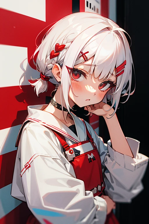 Short white hair, blush, Goshikta、Punk Fashion、Headbang 2.、White and red clothes、Braiding、2 hair clips、