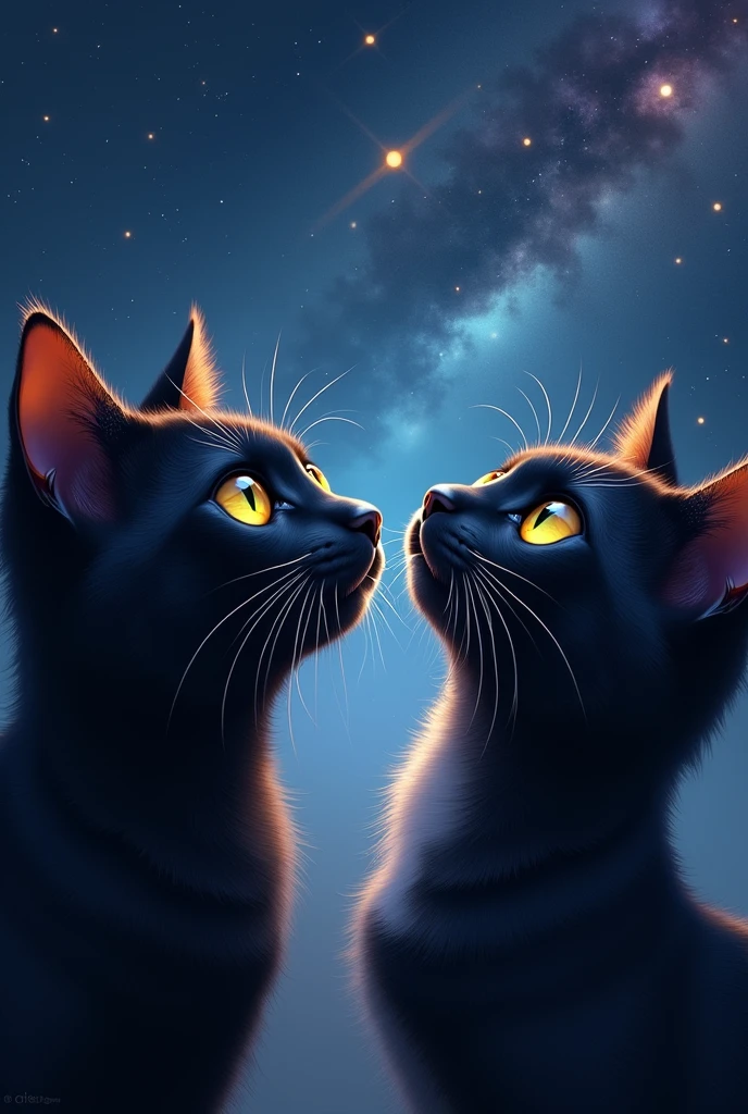 Close up of 2 cat faces, a black one with yellow-green eyes, a black one with white chin and throat, look at the stars, stars and galaxies in the background.