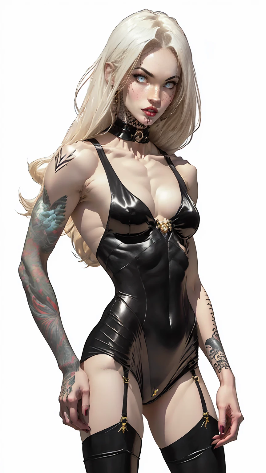 (megan fox), Lady Death, female bodybuilder physique, seductive face, seductive look, (black silk leotard & thigh highs), long white hair, perfect muscular body, long thin legs, white eyes & skin, muscular bulging pecs, (huge muscular shoulders:1.45), (torso shot), (blank background:1.25), MeganF_SoloTI_v1