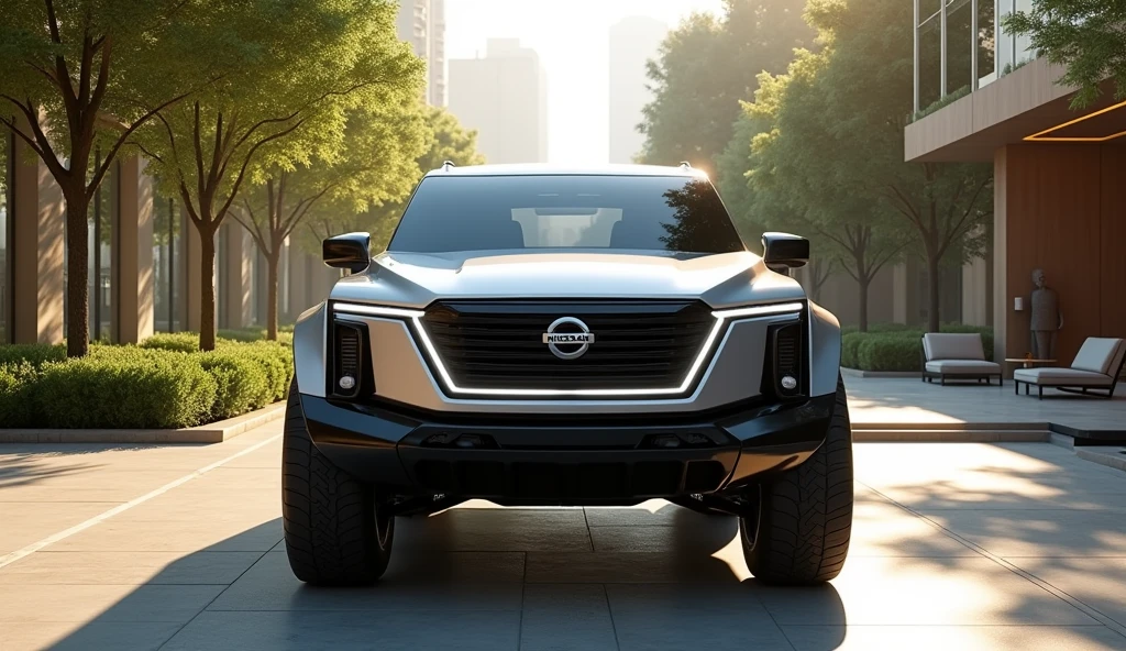 showroom park a nissan off road truck with modern electric car design, double cabin, ((Shot from behind)), image luck like real and room note a luxury
