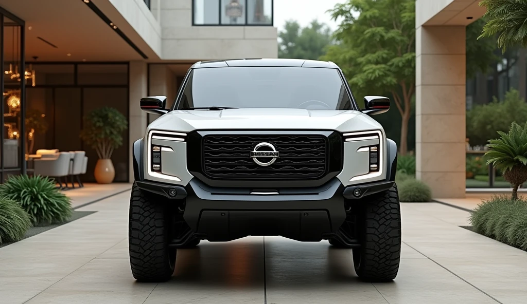 showroom park a nissan off road truck with modern electric car design, double cabin, ((Shot from behind)), image luck like real and room note a luxury
