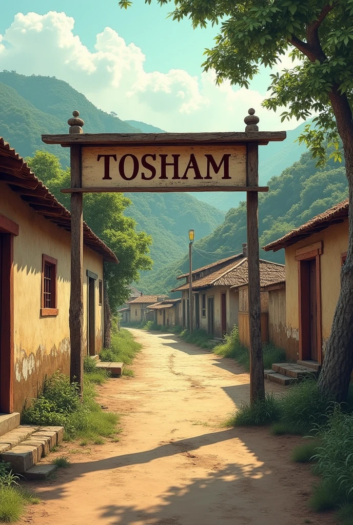 poster of village board outside the village of north india with concrete houses. Tosham is written on the board