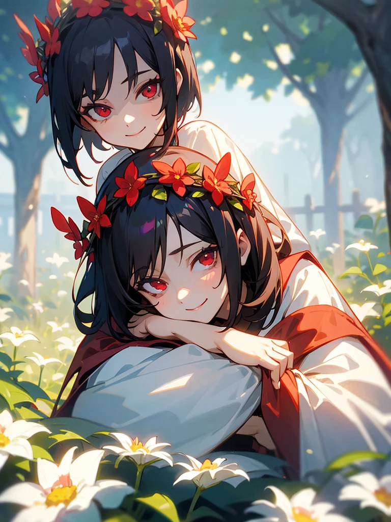 My sister with short black hair, red eyes, cute smile, milf, long sleeve shirt, flower crown, in the garden, focus on the face.