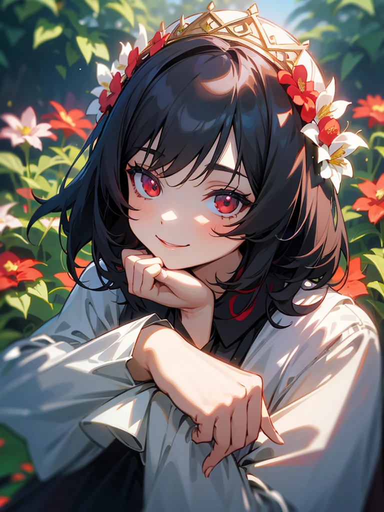 My sister with short black hair, red eyes, cute smile, milf, long sleeve shirt, flower crown, in the garden, focus on the face.