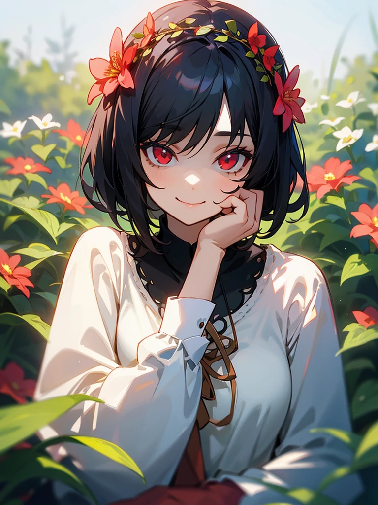 My sister with short black hair, red eyes, cute smile, milf, long sleeve shirt, flower crown, in the garden, focus on the face.