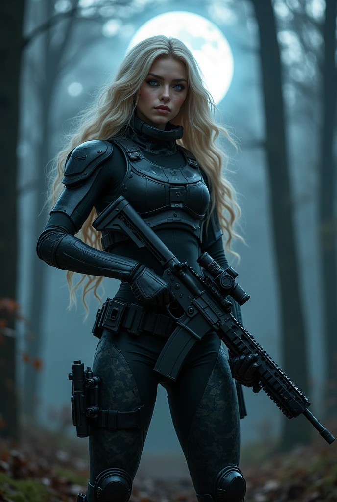 A handsome, white female, long blonde hair, extremely glowing blue eyes, muscular body, fully equipped black modern futuristic soldier's armor suit, detailed rifle, black evening forest at night background, beautiful detailed eyes, beautiful detailed lips, extremely detailed eyes and face, long eyelashes, military-style boots, tactical accessories, bulletproof vest, camouflage pattern, strong and confident posture, intense focus, moonlight filtering through the trees, dramatic and mysterious atmosphere, high-resolution image, vivid colors, professional lighting