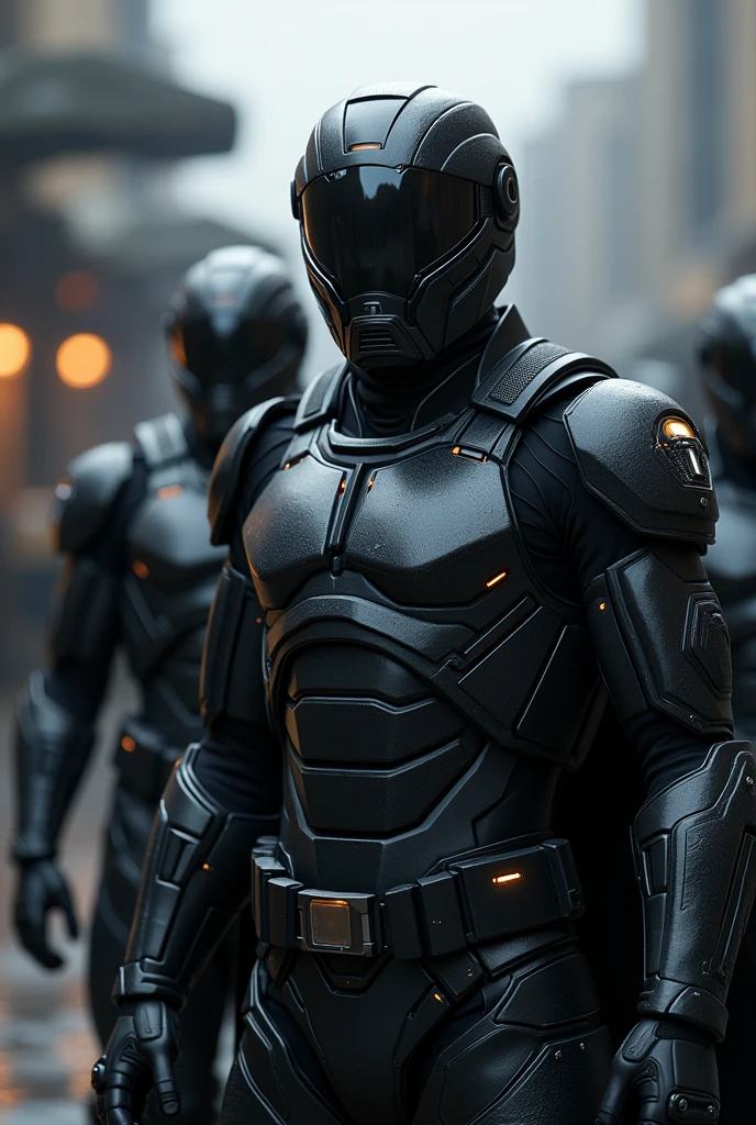 A highly realistic and detailed visual depiction of the Obsidian Guard unit in the 20th century of a powerful empire. The scene shows several members of the Obsidian Guard, clad in modernized versions of their iconic dark armor. The armor is sleek, with advanced technology integrated into its design, including digital displays and enhanced protective gear. The guards stand in a disciplined formation, their faces concealed by high-tech visors, giving them a mysterious and intimidating appearance. The background is a futuristic military base, with advanced machinery and vehicles visible, emphasizing the technological advancements of the era. The atmosphere is one of quiet intensity, reflecting the elite and formidable nature of the Obsidian Guard in this modern era. The art style is realistic, capturing the fine details of the armor, the technology, and the imposing presence of the guards.