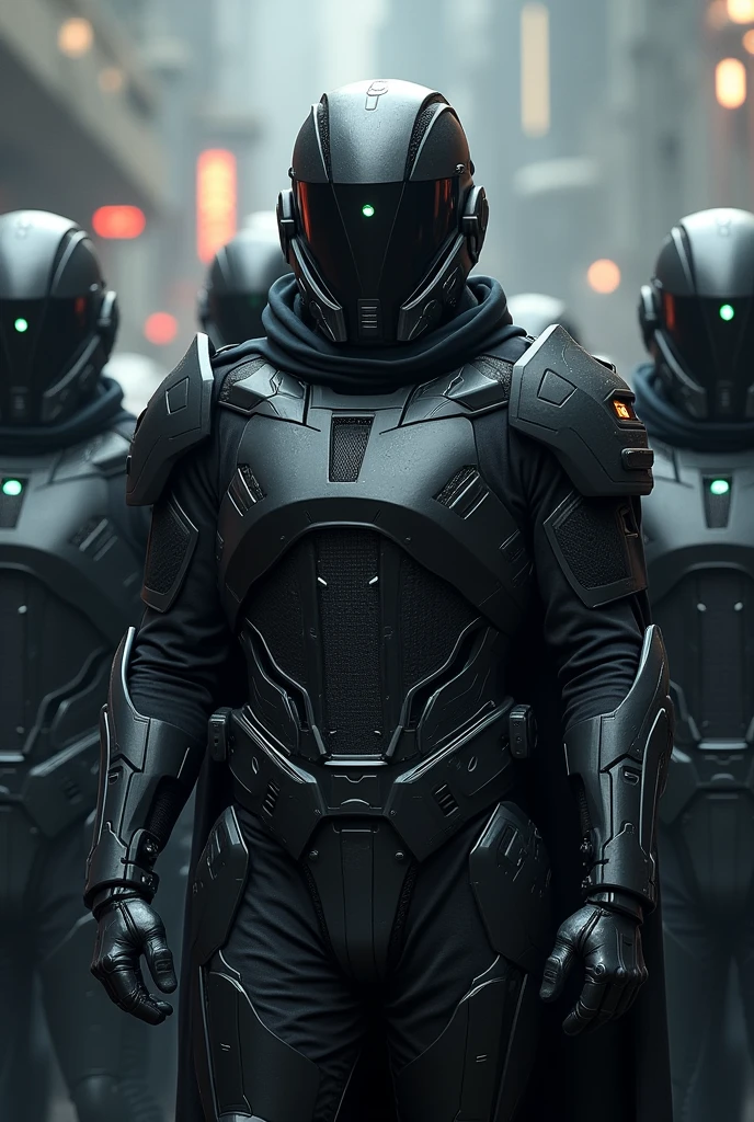 A highly realistic and detailed visual depiction of the Obsidian Guard unit in the 20th century of a powerful empire. The scene shows several members of the Obsidian Guard, clad in modernized versions of their iconic dark armor. The armor is sleek, with advanced technology integrated into its design, including digital displays and enhanced protective gear. The guards stand in a disciplined formation, their faces concealed by high-tech visors, giving them a mysterious and intimidating appearance. The background is a futuristic military base, with advanced machinery and vehicles visible, emphasizing the technological advancements of the era. The atmosphere is one of quiet intensity, reflecting the elite and formidable nature of the Obsidian Guard in this modern era. The art style is realistic, capturing the fine details of the armor, the technology, and the imposing presence of the guards.