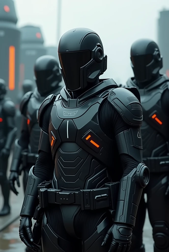 A highly realistic and detailed visual depiction of the Obsidian Guard unit in the 20th century of a powerful empire. The scene shows several members of the Obsidian Guard, clad in modernized versions of their iconic dark armor. The armor is sleek, with advanced technology integrated into its design, including digital displays and enhanced protective gear. The guards stand in a disciplined formation, their faces concealed by high-tech visors, giving them a mysterious and intimidating appearance. The background is a futuristic military base, with advanced machinery and vehicles visible, emphasizing the technological advancements of the era. The atmosphere is one of quiet intensity, reflecting the elite and formidable nature of the Obsidian Guard in this modern era. The art style is realistic, capturing the fine details of the armor, the technology, and the imposing presence of the guards.
